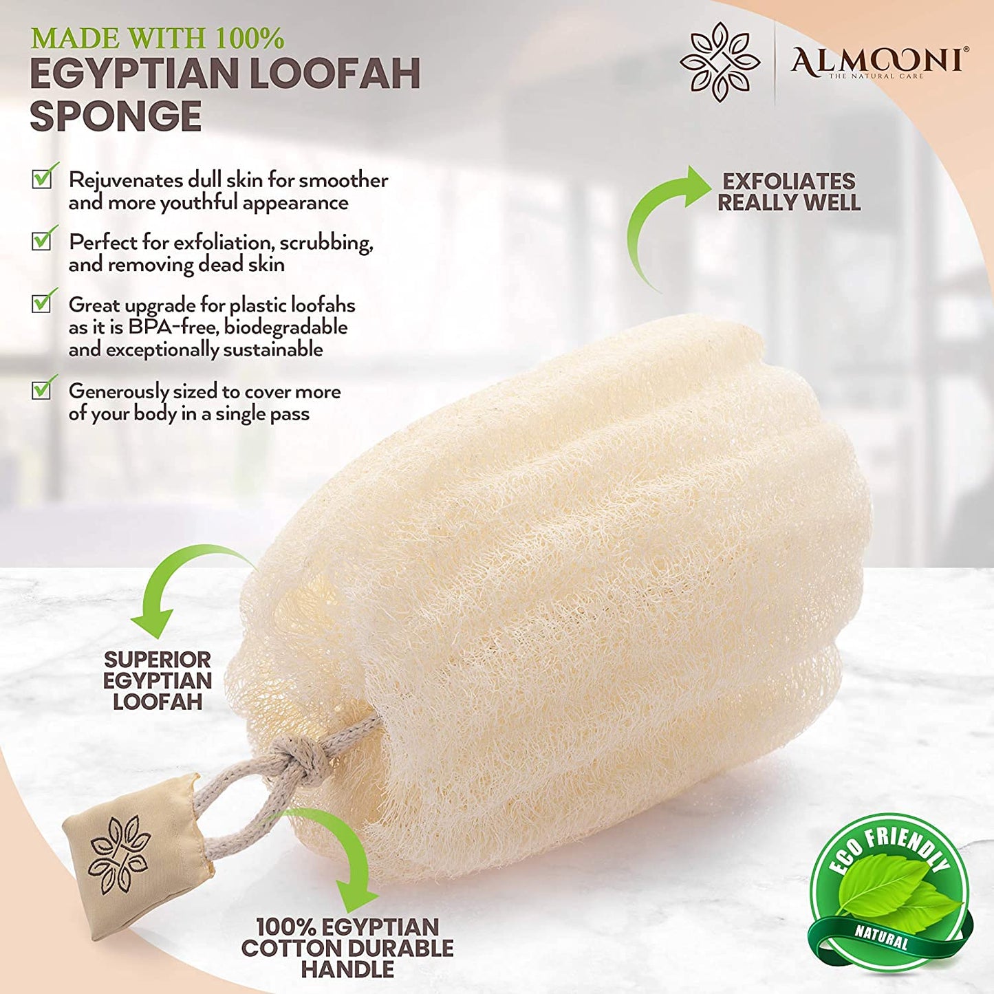 Almooni Natural Loofah Exfoliating Body Scrubber for Men and Women, Real Round Egyptian Loofah Sponge with Consistent Scrub Texture, Large Natural Shower Sponge for Body Exfoliation, 2-Count
