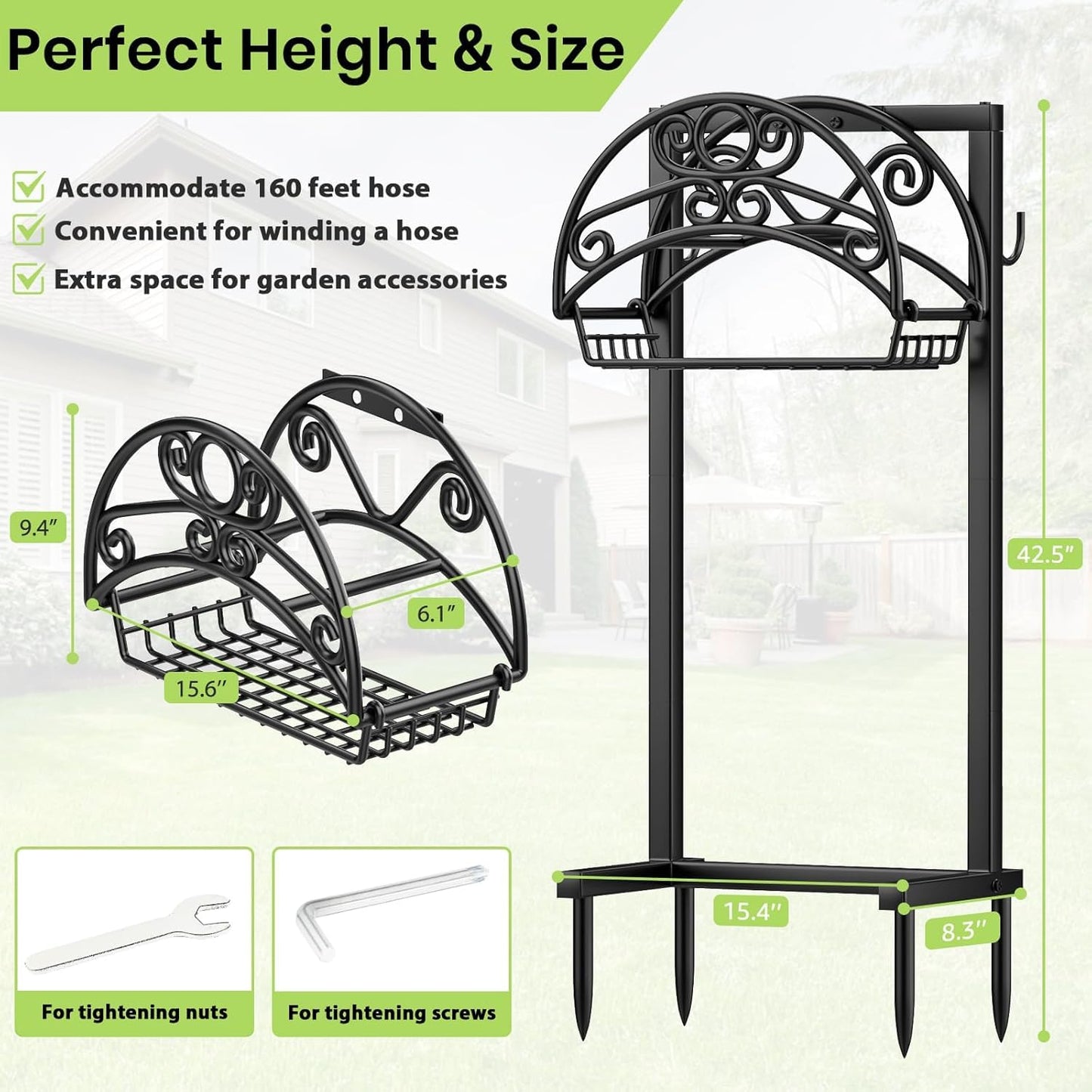 TomCare Garden Hose Holder Upgraded Water Hose Holder Heavy Duty 4 Spikes Hose Hanger Holds 160 Feet Hoses Stable Freestanding Hose Storage Organizer for Outside Yard