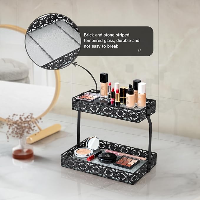 xiaojuande-Two Layer Glass Storage Tray with Portable Dressing Table Skin Care Product Organization Rack Corner Storage Rack for Bathroom Counter High-end Light - (Black)