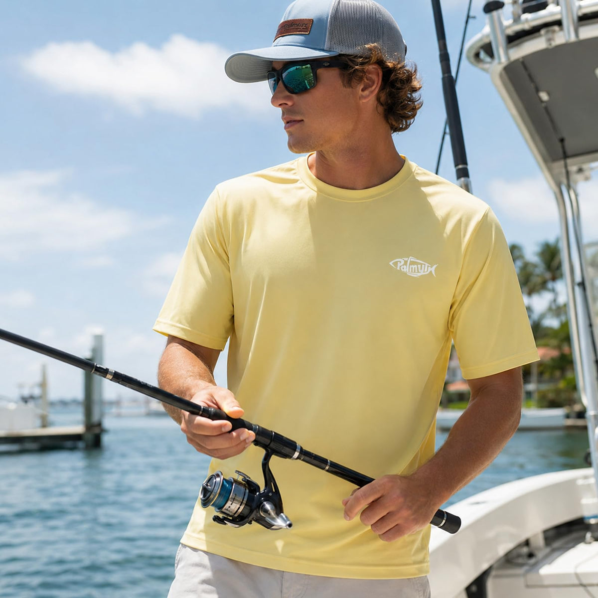 Palmyth Men's Fishing Shirt Short Sleeve Sun Protection UV UPF 50+ SPF T-Shirt (Yellow/Crab, XL)