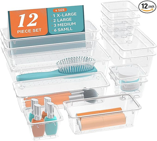12 PCS Drawer Organizer Set, 4 Sizes Tool Storage Trays, Clear Plastic Makeup Vanity Organizer and Storage Bins for Makeup, Stationeries, Multiple Gadgets for Bathroom, Office, Bedroom