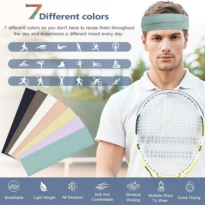 DiyJibb Headbands for Women, Stretchy Non Slip Soft Cotton Cloth Hair Bands for Sports, Workout, Yoga and Running, 7pcs
