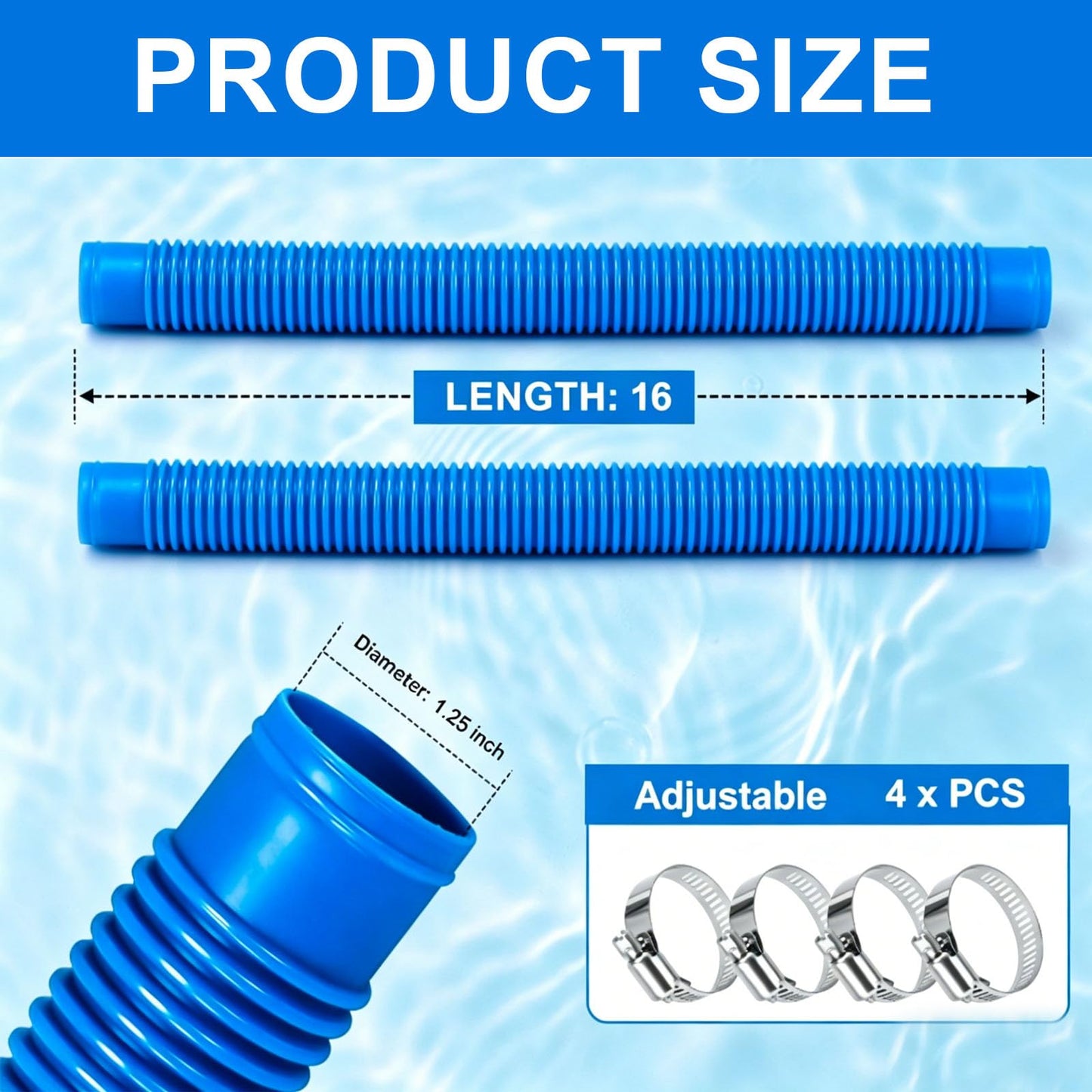 Pool Sand Filter Pump Hose, 1.25" Diameter Pool Filter Hose Replacement for Above Ground Pools, 16 Inch Pool Pump Hoses Compatible with Pump Sand Filter and Saltwater Systems(2 Pack, Blue)