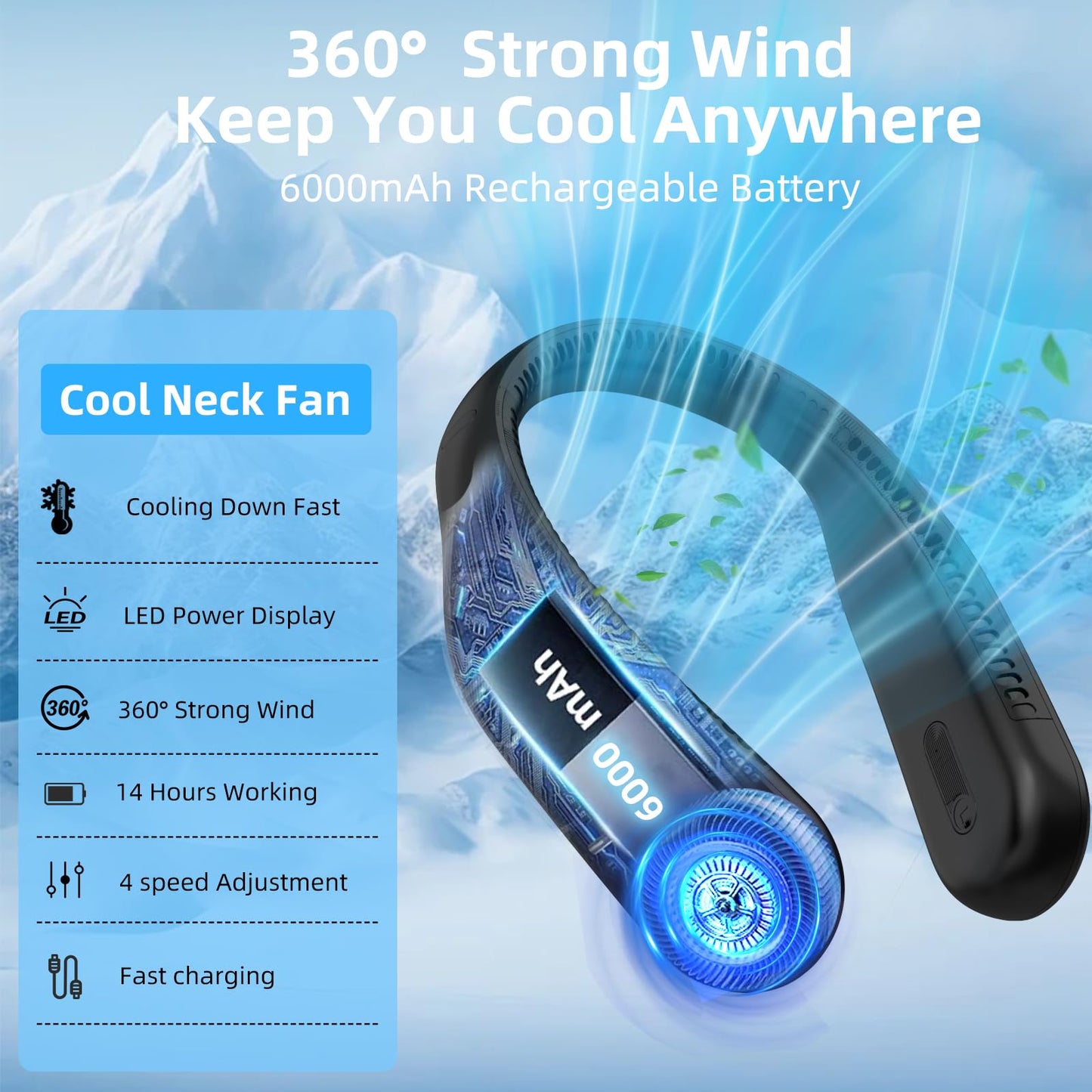 Portable Neck Fan,Hands Free Personal Wearable Bladeless Fan,6000mAh USB Rechargeable,360° Cooling,LED Display,4-Speeds,Birthday Gifts for Men Women Dad Mom,Stocking Stuffers Christmas Gifts (Black)