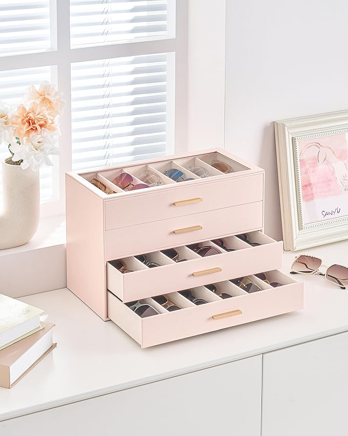 Lolalet Beige Sunglasses Storage Box for Women, Eyewear Eye Glass Organizer with Clear Top Lid Display Holder Case