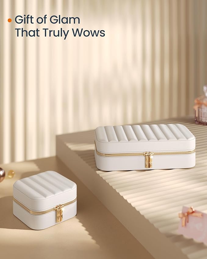 SONGMICS HOME Travel Jewelry Case, Travel Jewelry Box Organizer with Mirror, 4.1 x 8 x 2.4 Inches, Stitching, Portable, Gift Idea, Cloud White UJBC180W01