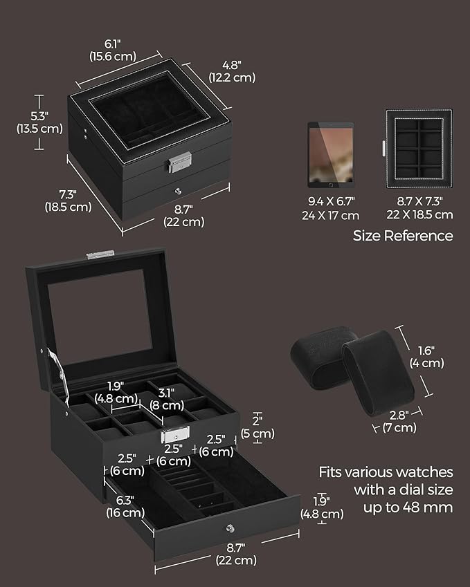 SONGMICS Watch Box, 8-Slot Watch Case Organizer with Large Glass Lid, 2 Layers, Removable Pillows, Metal Lock, Gift for Loved Ones, Black Synthetic Leather, Black Lining UJWB080B01