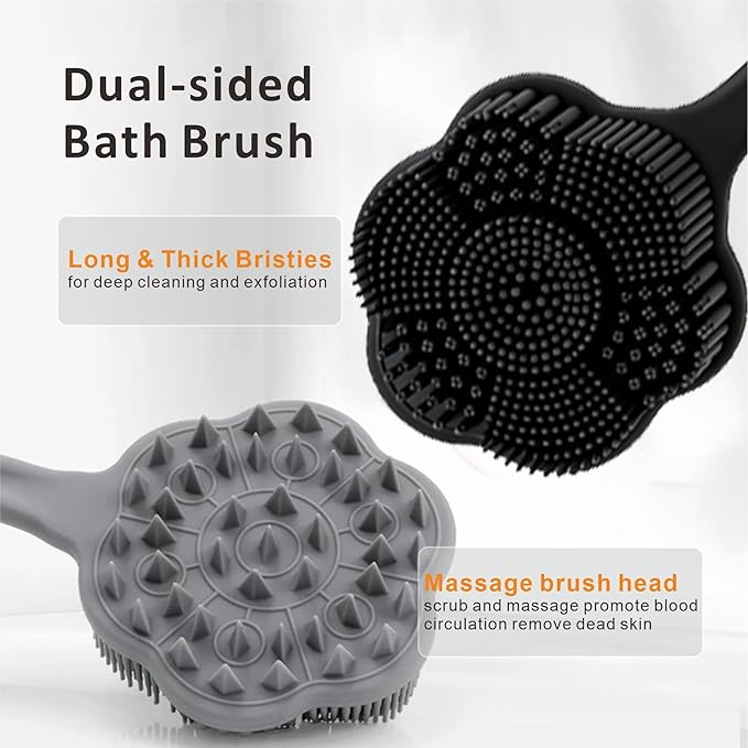 Back Scrubber & Face Scrubber Brush for Shower - 15 Inch Long Handle Double Sided Silicone Body Brush for Exfoliation & Massage, Soft Facial Cleansing Brush, Rich Lathering for Deep Cleansing (Black)