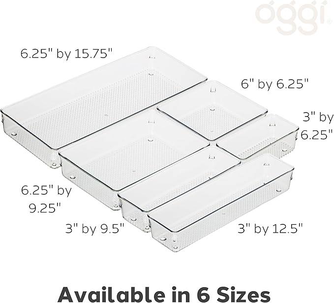 Oggi Clear Drawer Organizer - 6" X 6"- Ideal for Organizing Kitchen Drawers, Office, Desk, Silverware, Kitchen Utensils, Cosmetics and Bathrooms (Pack of 2)