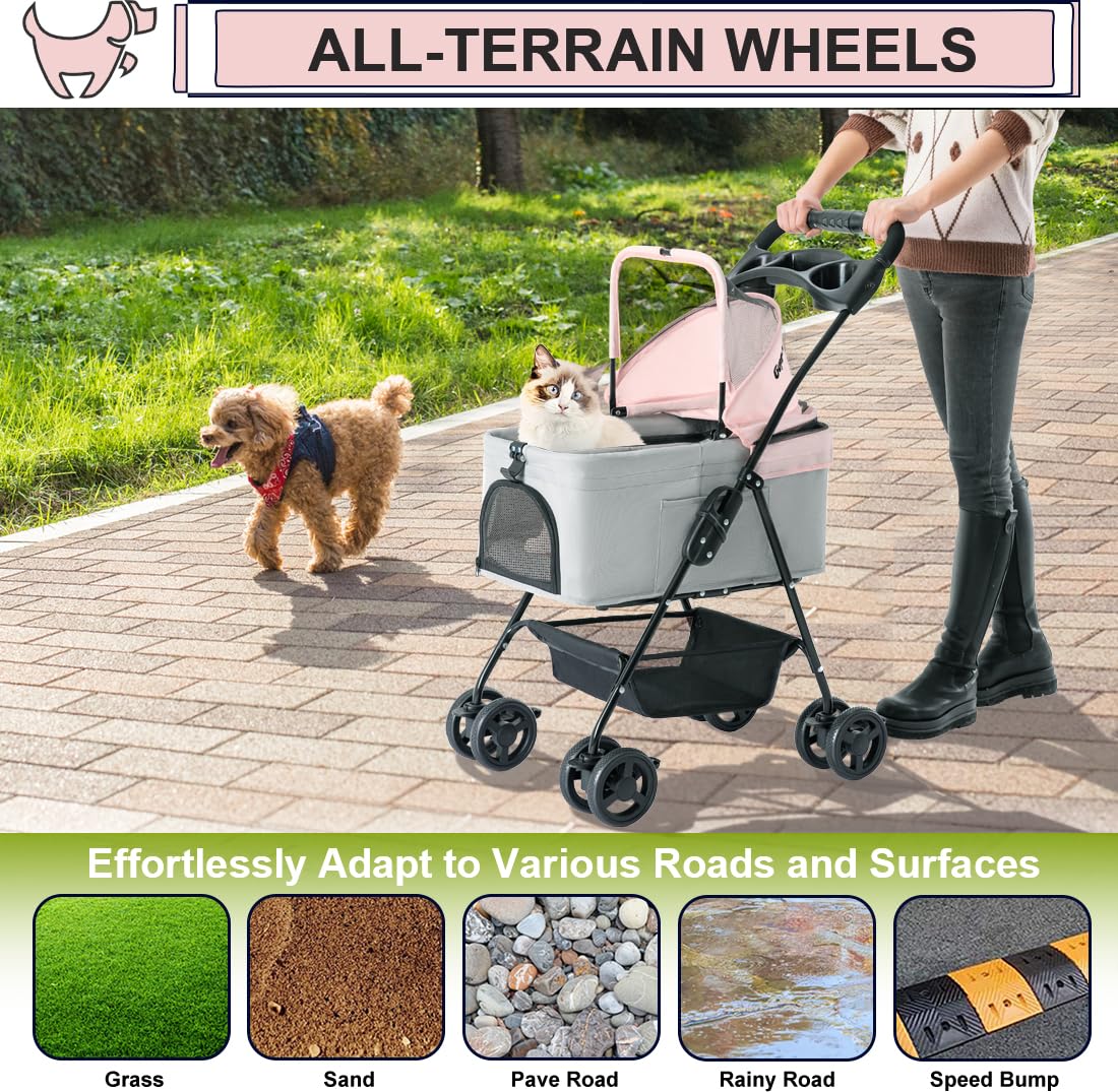 LPOTIUS 3-in-1 Pet Stroller for Small Dogs and Cats, Folding Lightweight Dog Stroller with Detachable Carrier Portable Cat Puppy Jogging Stroller with Cup Holder and Storage Basket, 4 Wheels