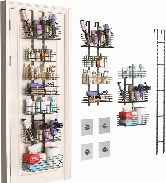 Yuyetuyo 7-Tier Over The Door Organizer, Shower Caddy Hanging &Wall Mounted Hair Tool Organizer/Hair Dryer Holder Adjustable, Behind Door Storage for Bathroom Bedroom Closet Cabinet Pantry Kitchen