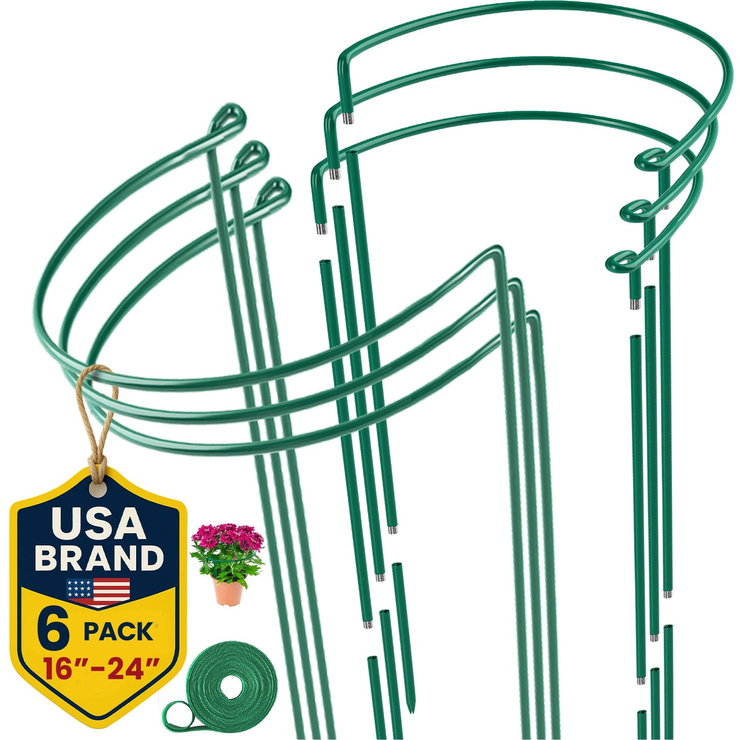 6 Pack Plant Support Stakes â Tall Plant Stakes for Indoor and Outdoor Gardens - Peony Cages and Supports - Cage Rings for Potted Flowers, Peony, Hydrangea, and Rose Bush (10" W x 16" - 24" H)