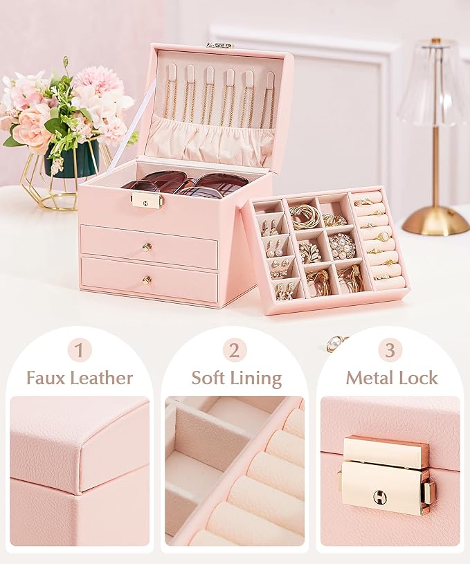 Homde Girls Jewelry Box with Lock: 3 Layer Organizer with Removable Tray - Storage for Ring Necklace Earring - Birthday & Return Gifts for Young Women (Blush Pink)