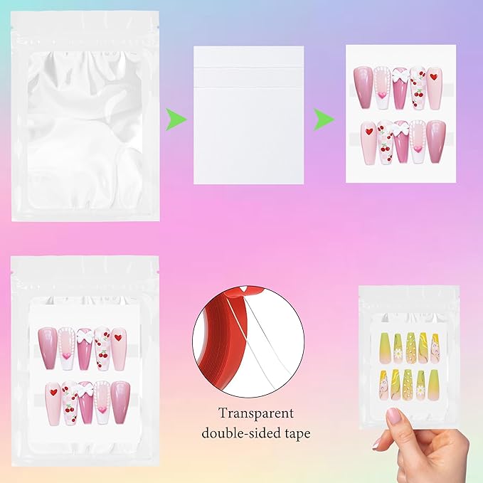 Qenk 100PCS Empty Holographic Nail Storage Bag Press on Nail Packaging Bag and 100PCS Shiny white cardboard Nail Tips Packaging Bags with 1 Roll Transparent Tape (White)