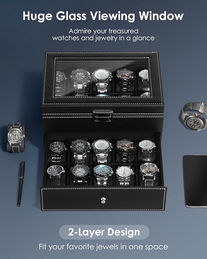 Watch Case for Men, 20-Slot 2-Layer Watch Box with Large Glass Lid, Watch Storage Organizer with Removable Watch Pillows, Men's Jewelry Box with Lock, Watch Holder Display Case, Gift for Men Women