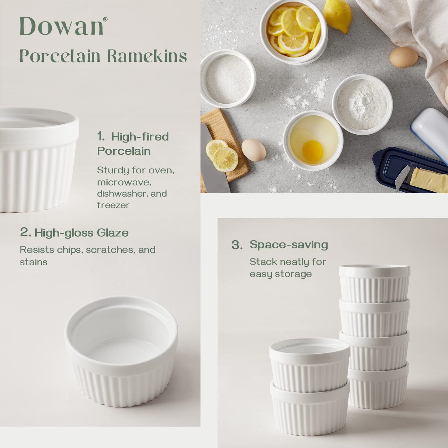 DOWAN Ramekins 12 oz Oven Safe, Creme Brulee Ramekin Souffle Dishes for Baking, Porcelain Samll Bowls for French Onion Soup, Dessert Custard Cups Sauce Dish, Set of 6, Soft White