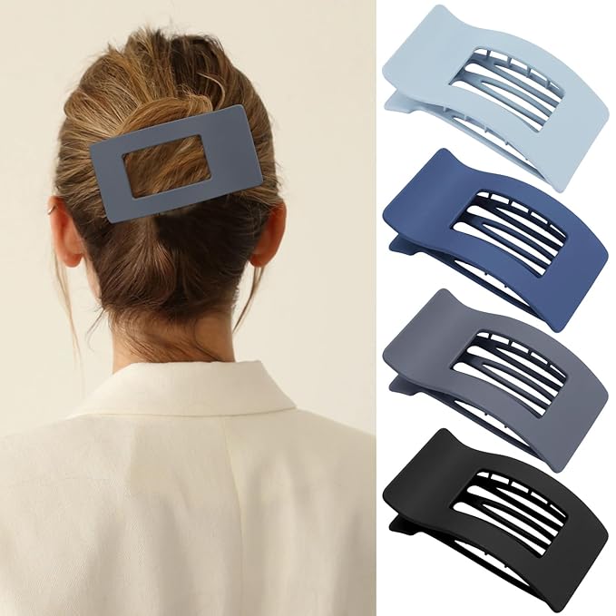 Velscrun Flat Hair Clips for Women Girls, Blue Gray Lay Flat Claw Clips, Strong Hold Large Side Hair Clip All Hair Types, French Duck Billed Non Slip Grip Daily Styling Hair Jaw Claw Clip