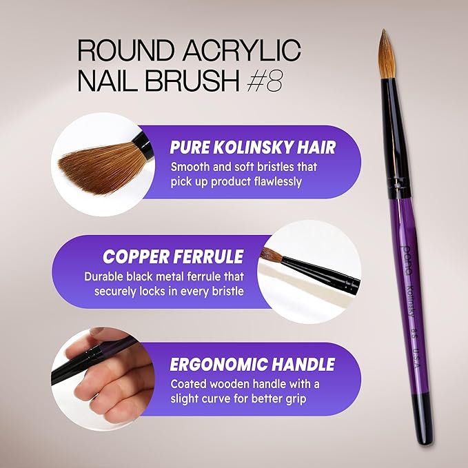 PANA Pure Kolinsky Hair Acrylic Nail Brush - Round Shape Black Ferrule with Purple Wood Handle (Size 8) - for Acrylic Nail Application, Nail Extension Manicure Pedicure Salon Beginner and Professional