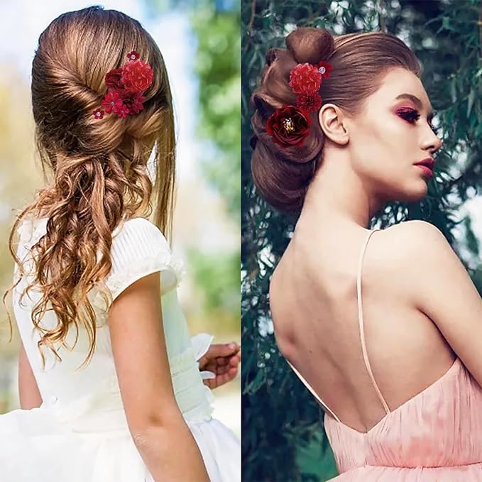 21 PCS Hair Flowers Boho Hair Barrettes Accessories Hawaiian Silk Flower Clips Girls Red Floral Bride Headpiece Festival(Red)