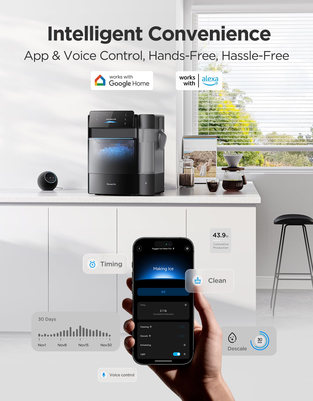 GoveeLife Smart Nugget Ice Maker Pro, 60lbs Daily, 6-Minute First Ice, 40dB Ultra-Quiet with AI NoiseGuard, App & Voice Control, Self-Clean, 3.5lbs Basket & Dual Water Tanks, for Home Kitchen, Party