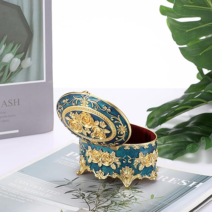 Hipiwe Vintage Metal Jewelry Box - Oval Trinket Box Ring Case with Rose Pattern Jewelry Storage Box for Ring Earrings Necklace, Keepsake Box for Women