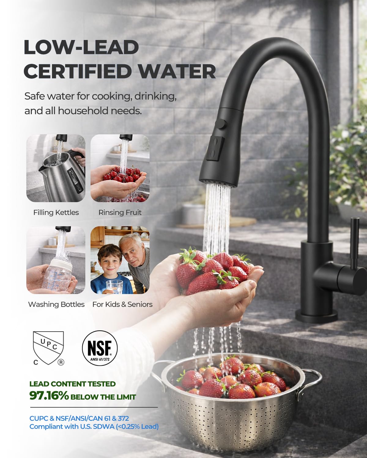 WEWE Kitchen Faucets with Pull Down Sprayer, Stainless Steel Single Handle 1 Hole for Family Kitchen Commercial Camper Laundry Rv Bar, Matte Black