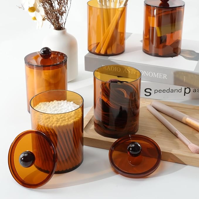XIPENGKEJI 4 Pack Qtip Holder,Canister Apothecary Jar Set, Bathroom Jars with Lids Set for Cotton Swabs, Balls, Pads, Floss Picks,10oz-12oz Plastic Canisters Restroom Bedroom Vanity Organizer(Brown)