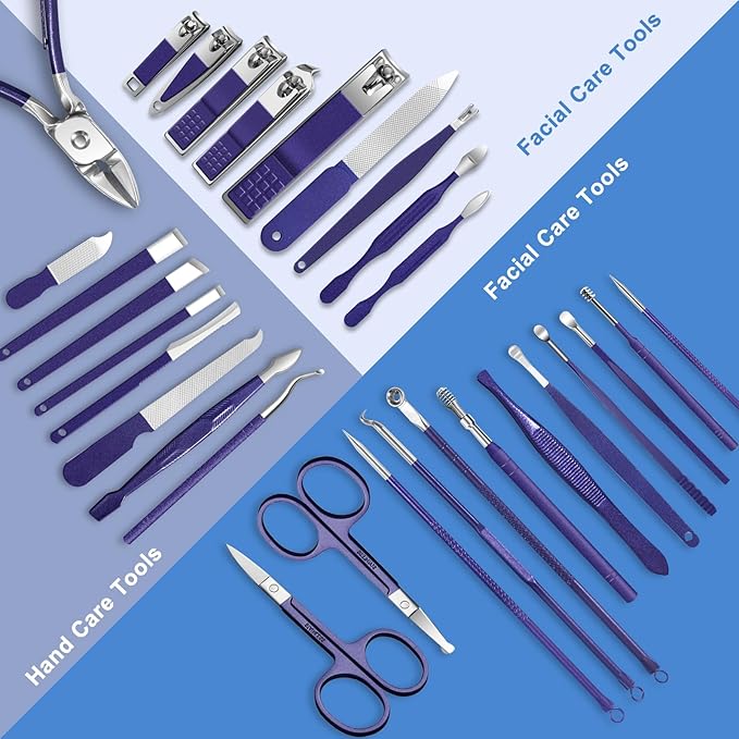 30Pcs Manicure Pedicure Kit，Nail Clippers Kit Professional and Stainless Steel Nail Care Tools，Toenail Clipper Cutters Men's Accessories Whit Beauty Tools Luxurious Travel Case (Blue)