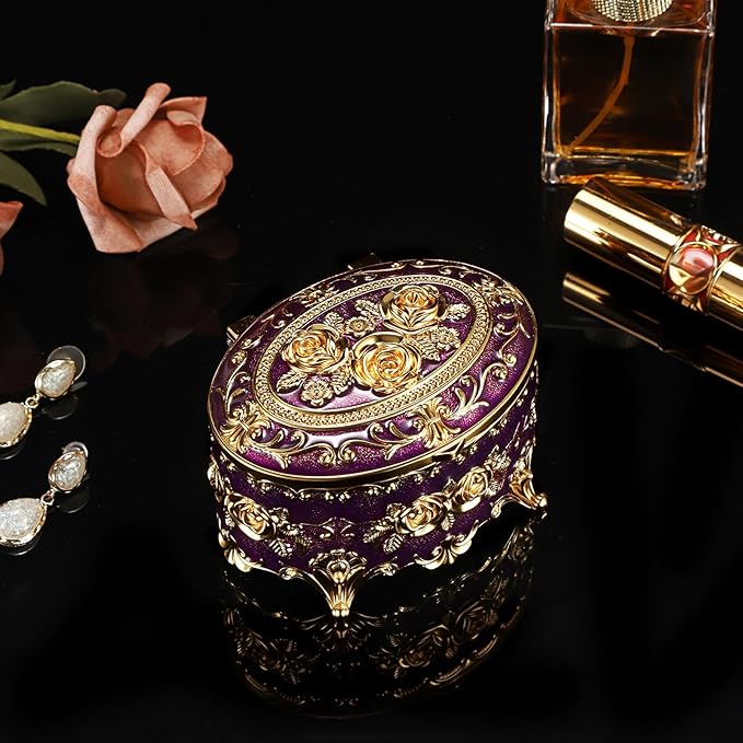 Hipiwe Vintage Oval Jewelry Storage Box Metal Trinket Organizer Purple Treasure Chest Box for Earring Necklace Ring Holder Gift for Women