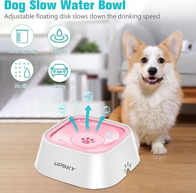 UPSKY No-Slip Slow Drinking Bowl - 35oz No Spill Pet Dispenser for Dogs and Cats