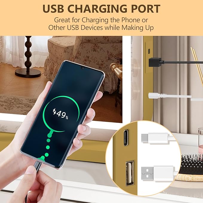 Vanity Mirror with Lights, Led Makeup Mirror, Lighted Makeup Mirror with 3 Color Dimmable Lights, Smart Touch Screen Control, Aluminum Metal Frame,USB Charging Port