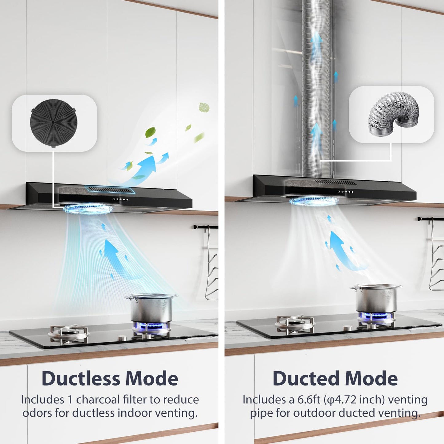 Ductless Range Hood 30 inch Under Cabinet, 600cfm Slim Kitchen Stove Vent Hood with LED Lights, 3 Speed Exhaust Fan, Reusable Filters, Stainless Steel Campanas para Cocina with Charcoal Filter