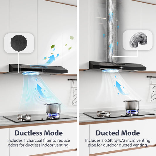 Ductless Range Hood 30 inch Under Cabinet, 600cfm Slim Kitchen Stove Vent Hood with LED Lights, 3 Speed Exhaust Fan, Reusable Filters, Stainless Steel Campanas para Cocina with Charcoal Filter
