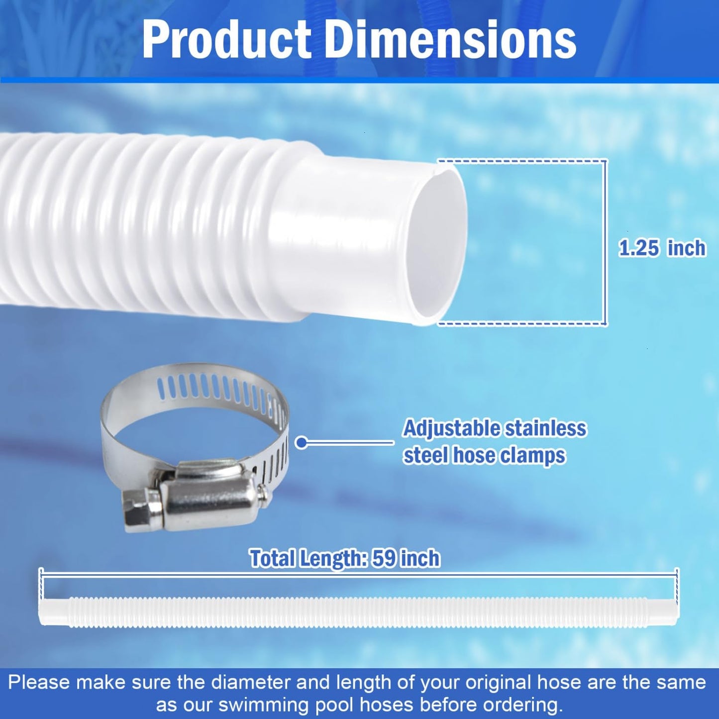 Gonioa Pool Pump Replacement Hose for Above Ground Pools, 4 Pack 1.25 x 59 Inch Filter Pump Hose, Compatible with Intex Filter Pump 607, 637, 330GPH, 530GPH, 1,000GPH, Includes 8 Metal Clamps, White