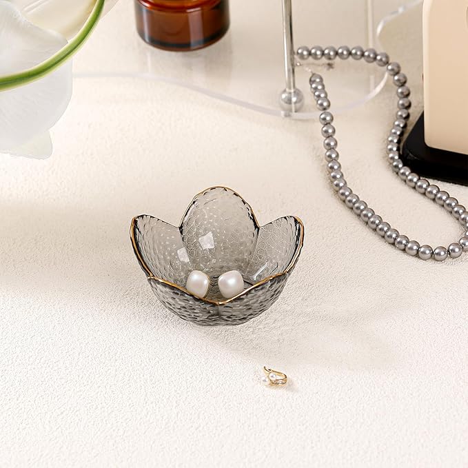 Grey Flower Jewelry Dish Glass Ring Dish Jewelry Tray Cute Vanity Organizer Room Decor Aesthetic Nightstand Bathroom Decor Trinket Dish Ring Holder Dish House Warming Gifts Stocking Stuffers for Women