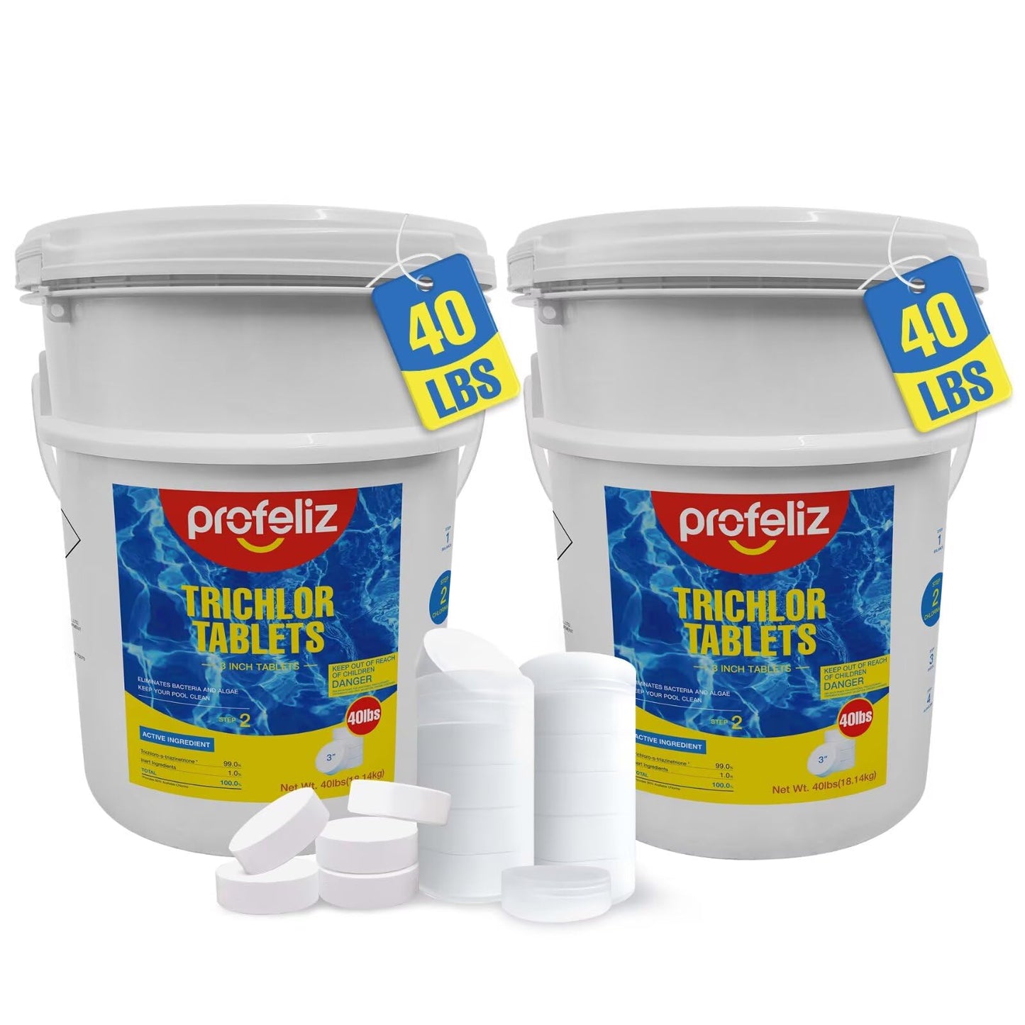 PROFELIZ 2-Pack Chlorine Tablets 3 Inch for Swimming Pools, Kills Bacteria and Stops Algae, Slow Dissolving,Exclusive Protective Packaging,Pool Chlorine Tablets,2X 40 lbs Bucket,Total of 80lbs
