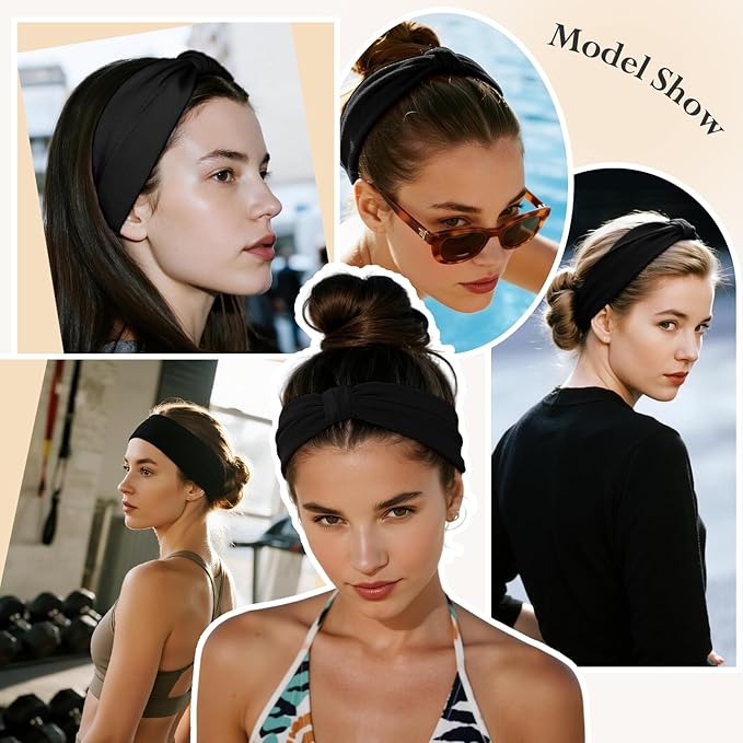 Headbands for Women, Wide Elastic Head Bands, Non-Slip Thick Hair Bands, Sports Stretchy Sweat Bands, Large Knotted Soft Headband for Washing Face, Makeup, Workout, Spa, Fashion, 6-Pack Black