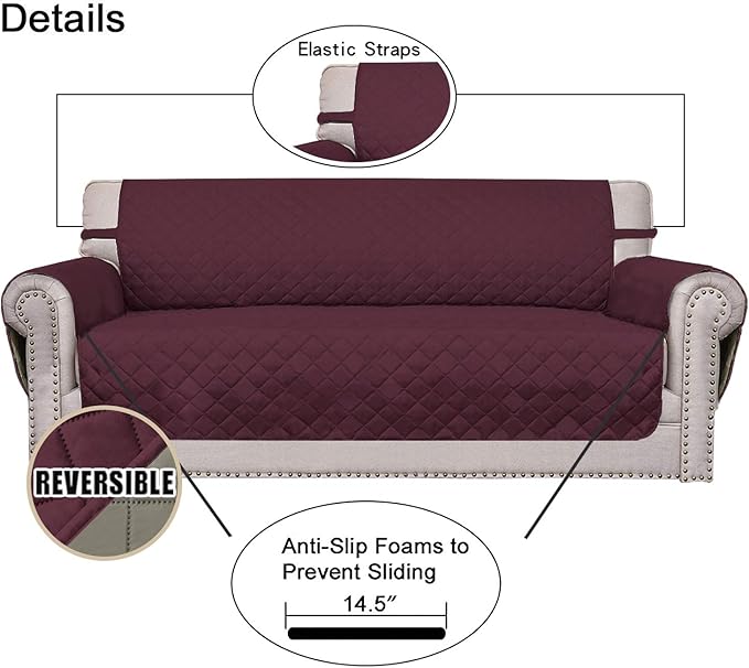 Easy-Going Reversible Couch Cover for 3 Cushion Couch Sofa Cover for Dogs Water Resistant Furniture Protector Cover with Foam Sticks Elastic Straps for Pet Cat (Sofa, Wine/Beige)