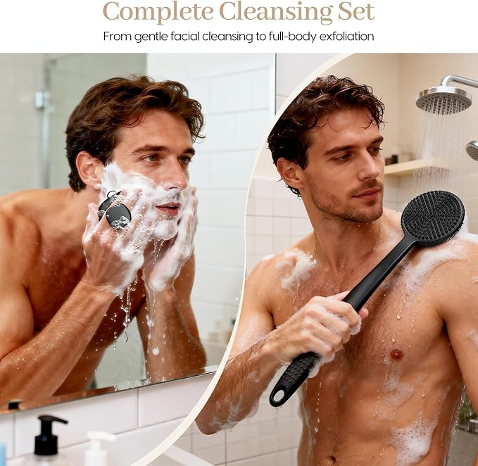 Back Scrubber for Shower & Face Scrubber, 2Pcs Silicone Exfoliating Brush Set with 17In Long Handle, Soft Body & Facial Cleansing Scrubber for Men Women