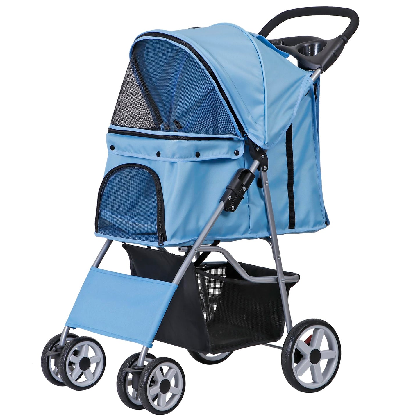 Epetlover 4 Wheels Dog Stroller Folding Pet Strolling Cart for Small Medium Cats Puppies Portable Jogger Travel Camping Puppy Carrier with Storage Basket Cup Holder, Blue