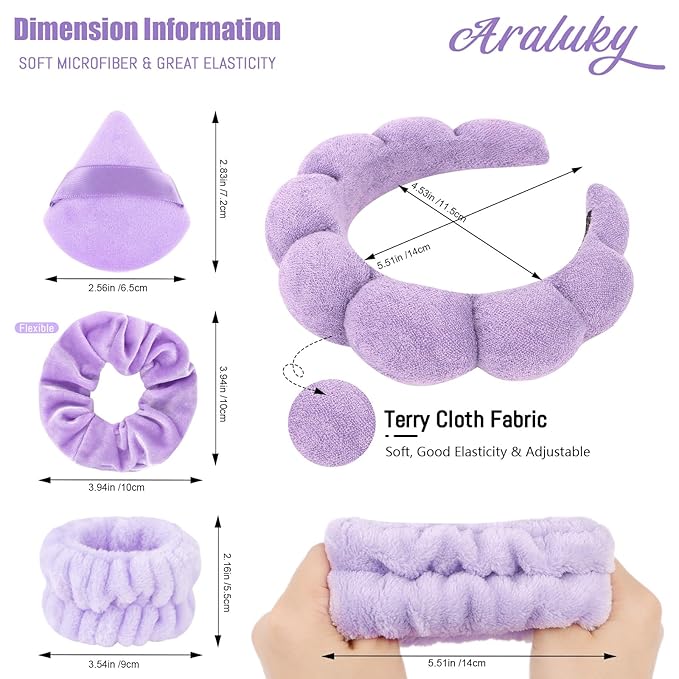 7Pc Puffy Spa Headband and Wristband Set for Washing Face, Skincare With Scrunchies, Powder Puffs, Sponge, Makeup Removal - Terry Cloth for Mask - Purple
