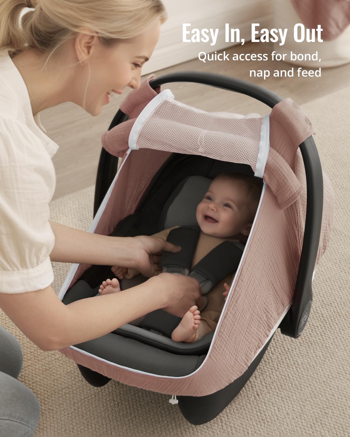 Blissful Diary Baby Car Seat Cover, Extra Large Mesh Window, Breathable Muslin Cotton, Infant Windproof Canopy-Dusty Pink