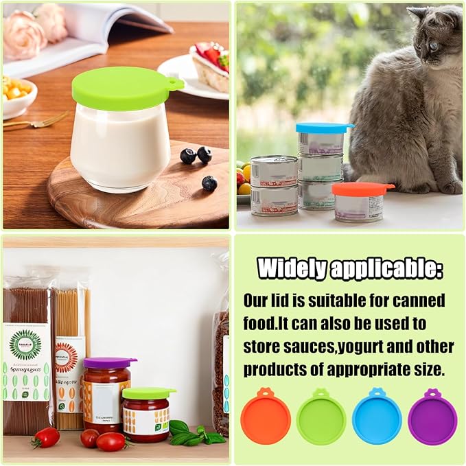 PINE & LINEN 4 Pcs 2.5inch Durable Pet Can Lids,Silicone Small Pet Can Covers Waterproof Cat Food Cans Lids for 3 oz Cat Food Cans（Sky Blue+Orange+Purple+Green）