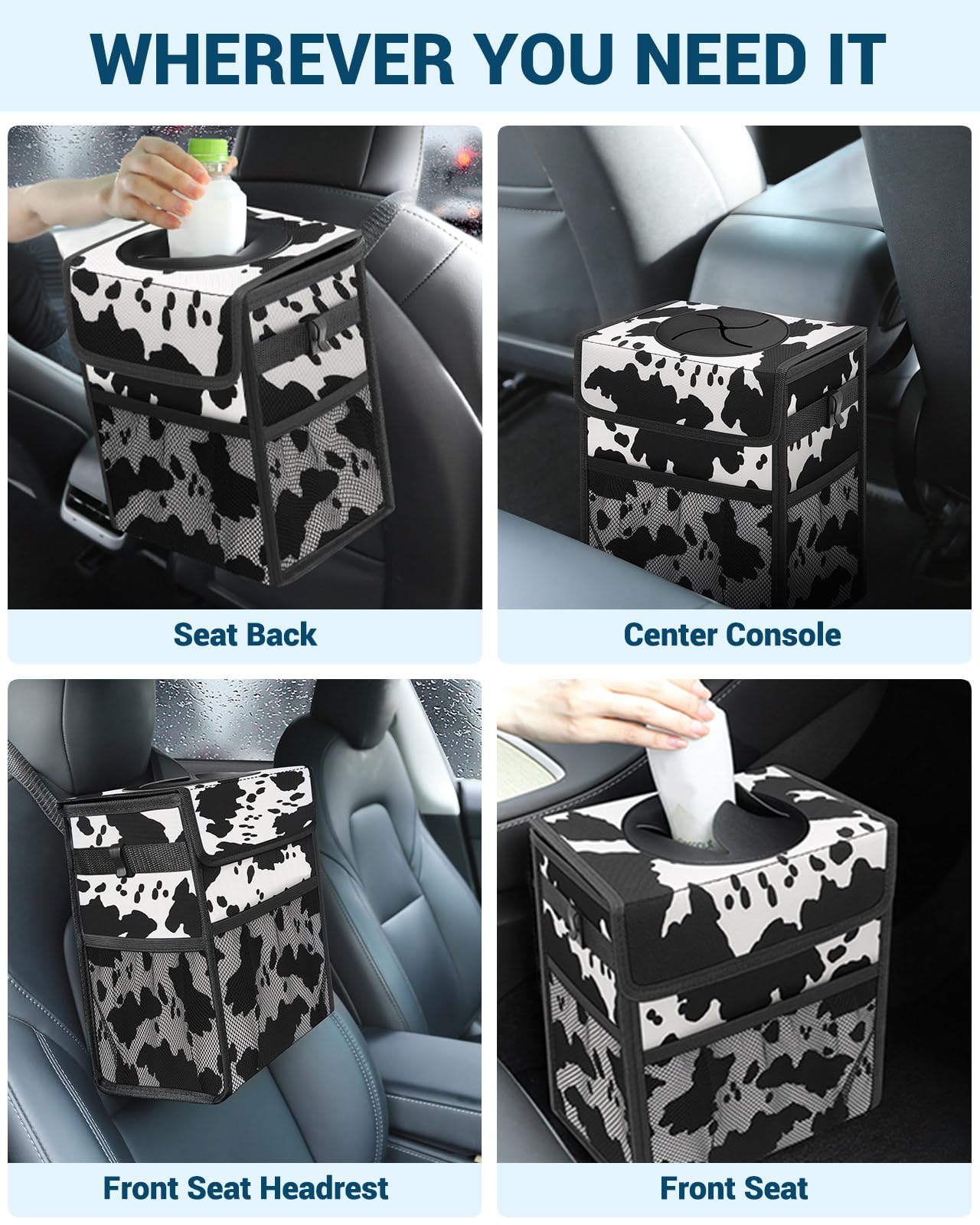 Capolo Car Trash Can with Lid, Leakproof Car Trash Bag Hanging Waterproof Automotive Garbage Can with Storage Pockets Mini Vehicle Trash Bin for Back/Front Seat(Cow Print,2.5 Gallon)
