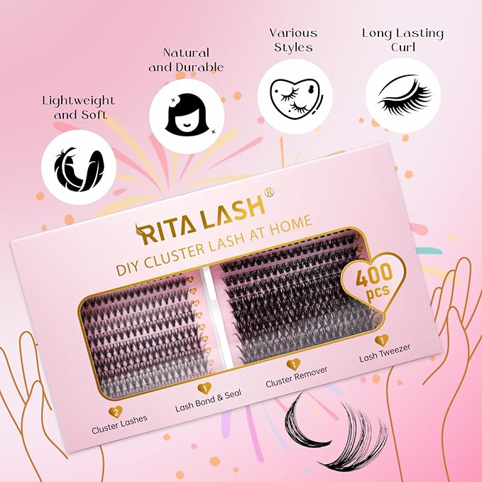 RITALASH Lash Extension Kit DIY Lash Clusters Kit 400pcs Cluster Lashes Individual Lashes Eyelash Extension Kit with Lash Bond and Seal,Lash Remover,Lash Tweezers(20D+40D Cluster Kit,8-16mm)