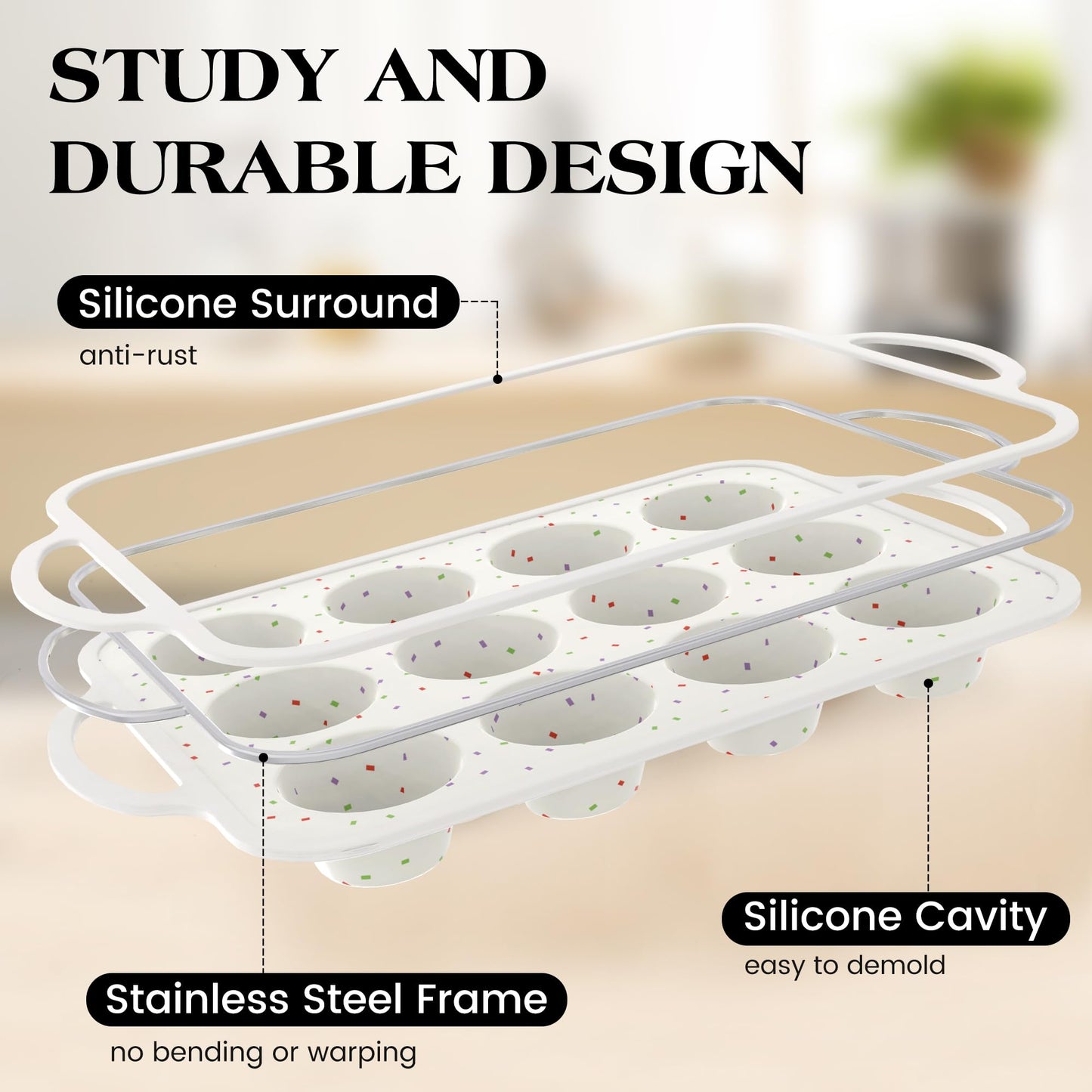 AOTASO Regular 12 Cup and Mini 24 Cup Nonstick Cupcake Pan Set Silicone Muffin Pan for Baking Silicone Cupcake Mold with Metal Reinforced Frame BPA Free (2 Pcs, Cream)