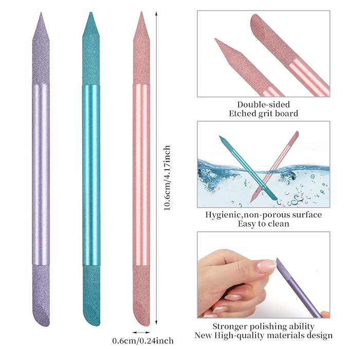 3Pcs Glass Cuticle Pusher, heemeei Dual-Ended Manicure Stick, Crystal Cuticle Pusher Glass File, Professional Precision Filing Cuticle Remover, Manicure Pedicure Tools for Nails and Cuticles Care