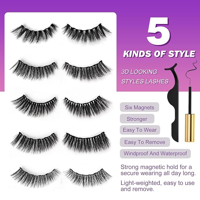 Royaomis 10 Pairs Cat-Eye Magnetic Lashes With Eyeliner, 3D Magnetic Eyelashes Natural Look With Eyeliner, Fake Eyelashes Magnetic
