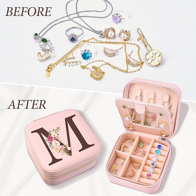 Personalized Birthday Gifts for Women, Christmas Gifts for Mom Teacher,Sisters Gifts from Sister, Travel Jewelry Case Box Organizer for Wife Daughter Aunt Friend Grandma, Initial M