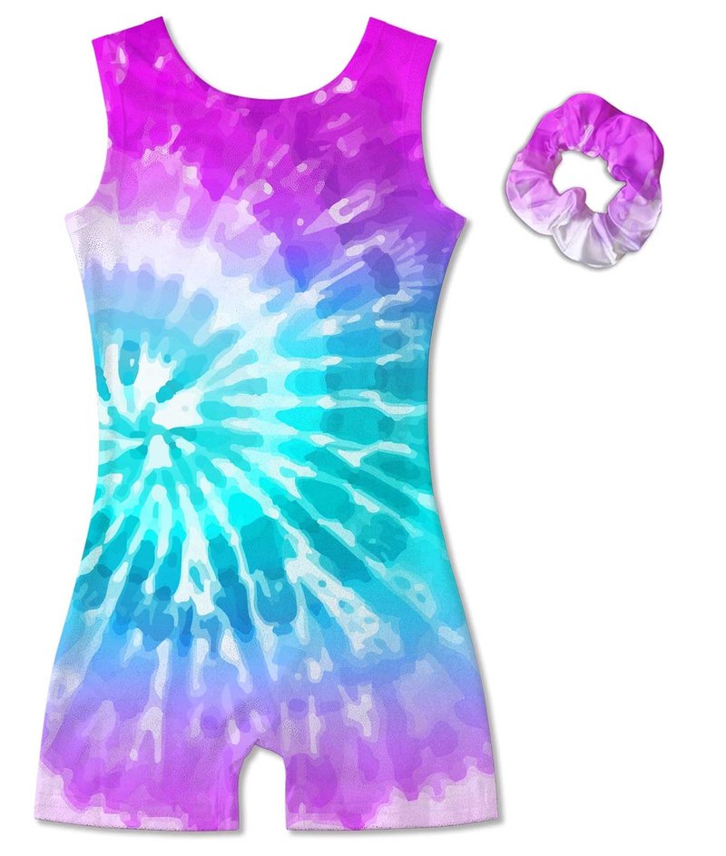Vogseek Sparkly Gymnastics Leotards for Girls 5 6 Years Cute Psychedelic Tie Dye Shiny Ballet Dance Unitards Biketards with Hair Scrunchie Kids Tumbling Shorts Activewear Clothes